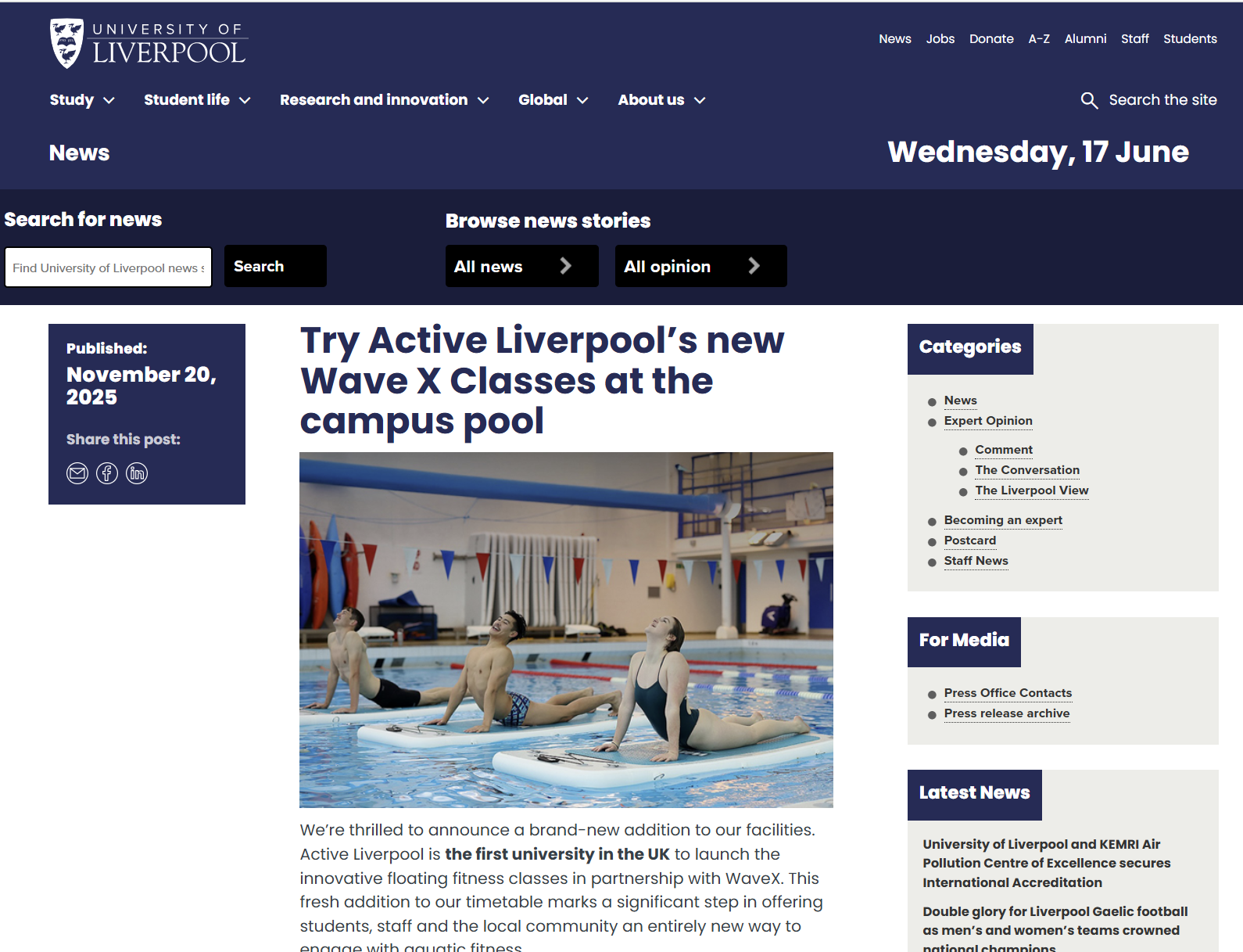 University of Liverpool Launches WaveX Classes at Campus Pool